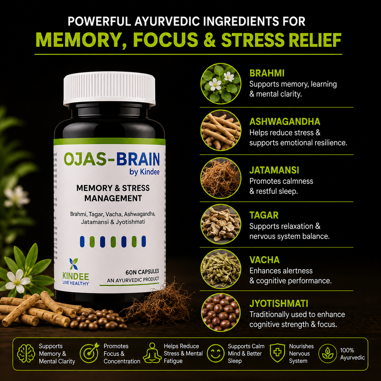 Ojas-Brain by Kindee — Ayurvedic Medicine for Stress, Anxiety & Cognitive Wellness